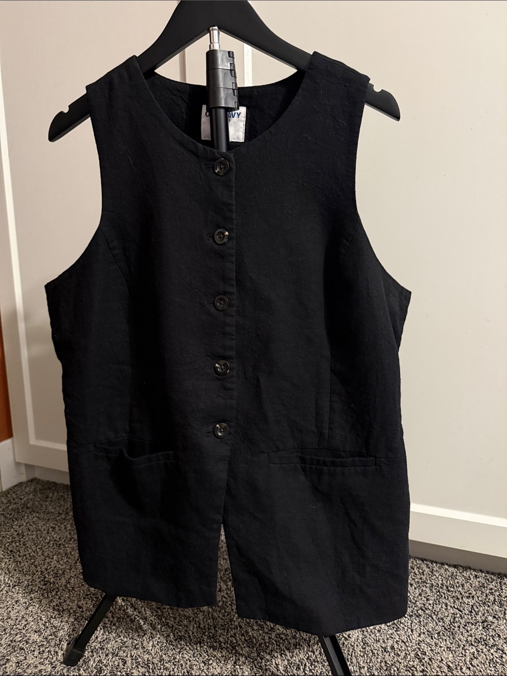 Old Navy Women’s XL Black Longline Linen Vest Button Front Sleeveless Blazer